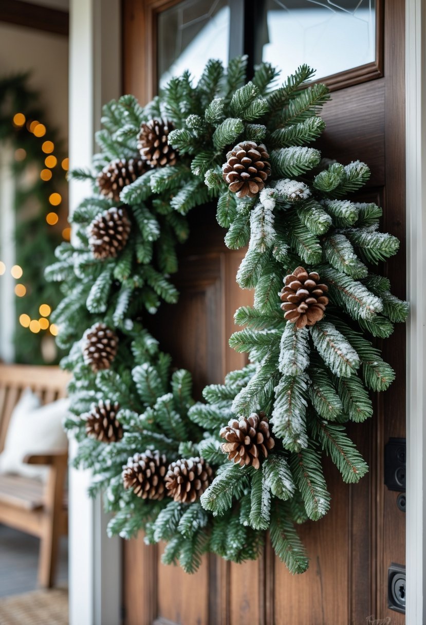 A frosted evergreen wreath with pinecones hanging on a wooden front door of a winter porch.